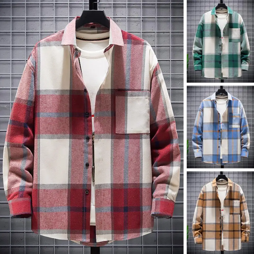 

Men Solid Color Shirt Men Shirt Jacket Stylish Men's Plaid Shirt Coat with Turndown Collar Loose Fit for Autumn Winter for A