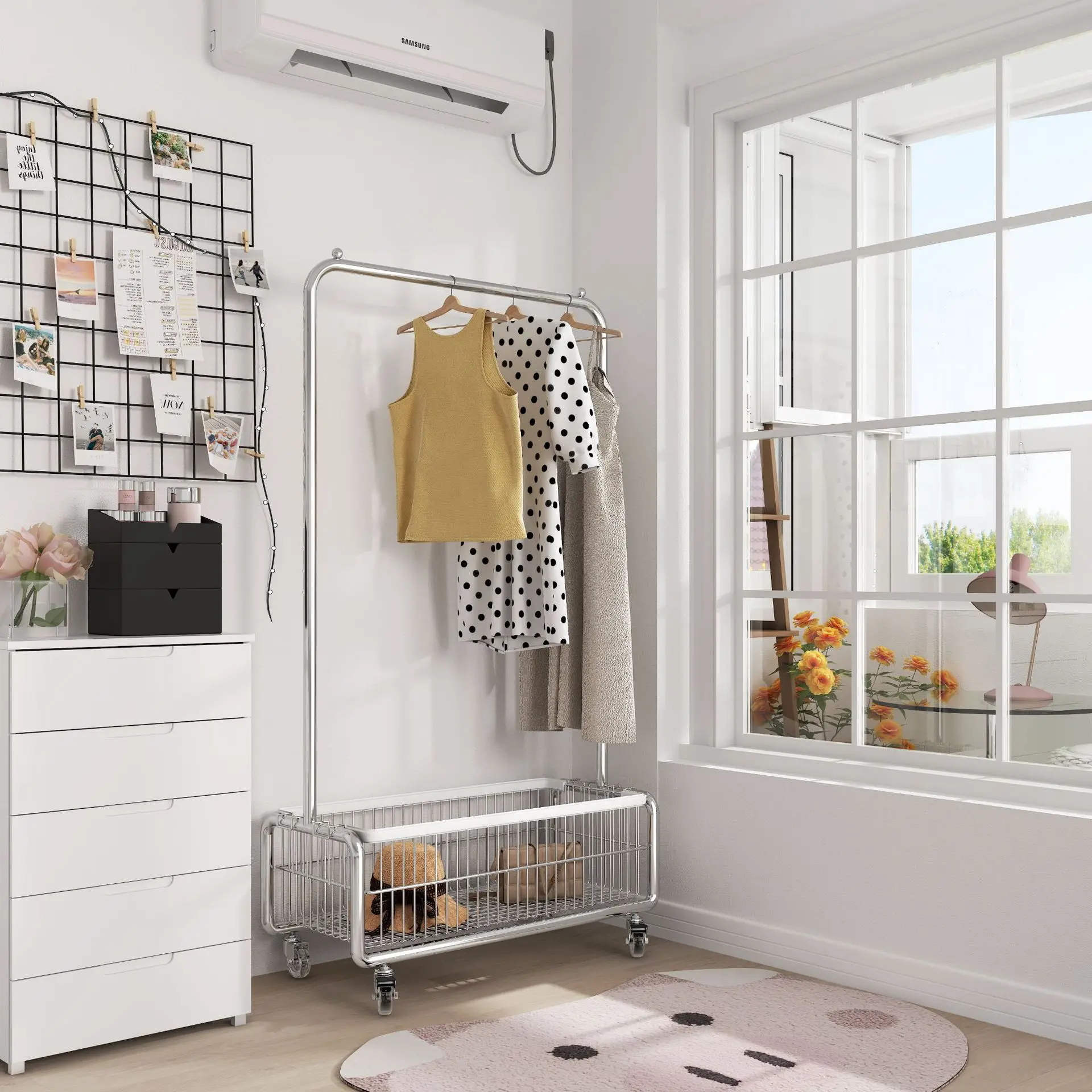 

Hxl clothes rack floor standing bedroom drying rack mobile storage clothes organizer