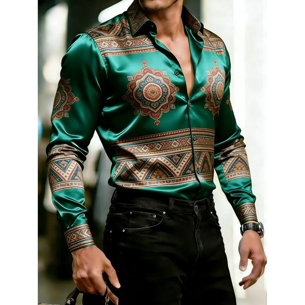 Vintage Men's Luxurious Satin Long Sleeved Shirt Printed Pattern Design Street Business Leisure Outdoor Casual Wear