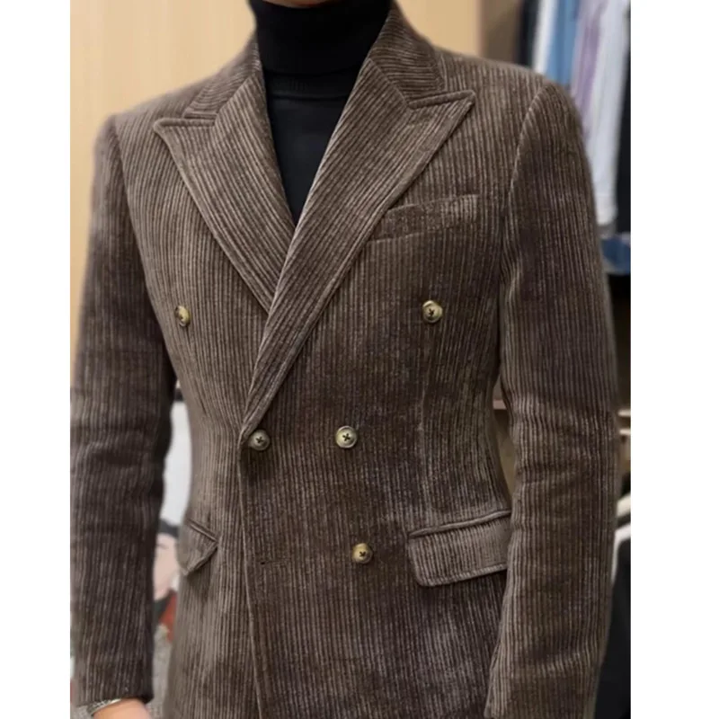 Corduroy Double Breasted Retro Blazer Hombre Casual  Coat Slim Long Sleeve Gentleman Suit Blazers Chaquetas Hombre De Vestir