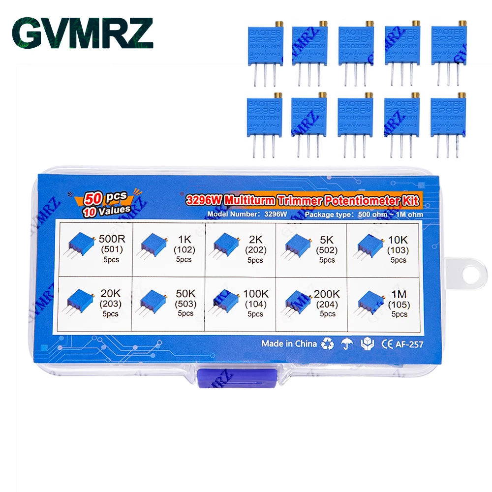 50PCS 10Values 3296W Multiturn Trimmer Potentiometer Kit (500Ω-1MΩ) in Box for Precision Circuit Tuning & Electronics DIY