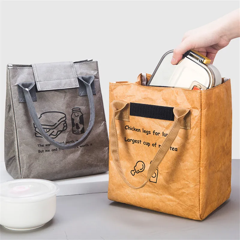 Waterproof  Kraft Paper Thermal Lunch Bags Large Capacity Foldable Food Insulation Container Portable Bento Box Cooler Pouch