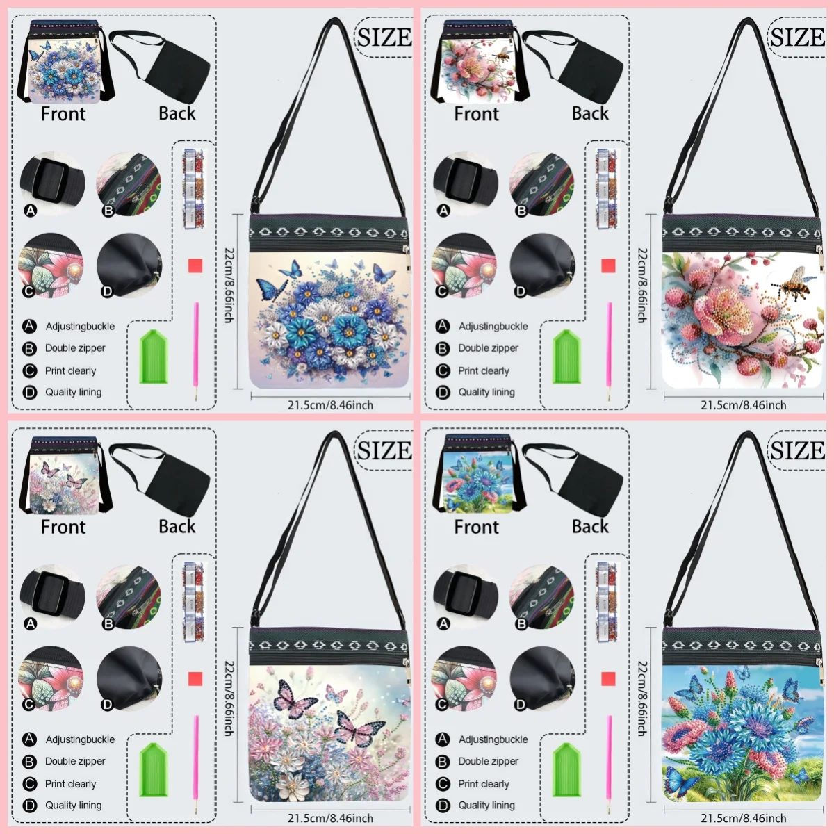 1 Piece Diamond Painting kit, Messenger bag, Butterfly flower Pattern, canvas Material, light Shopping, Holiday gifts