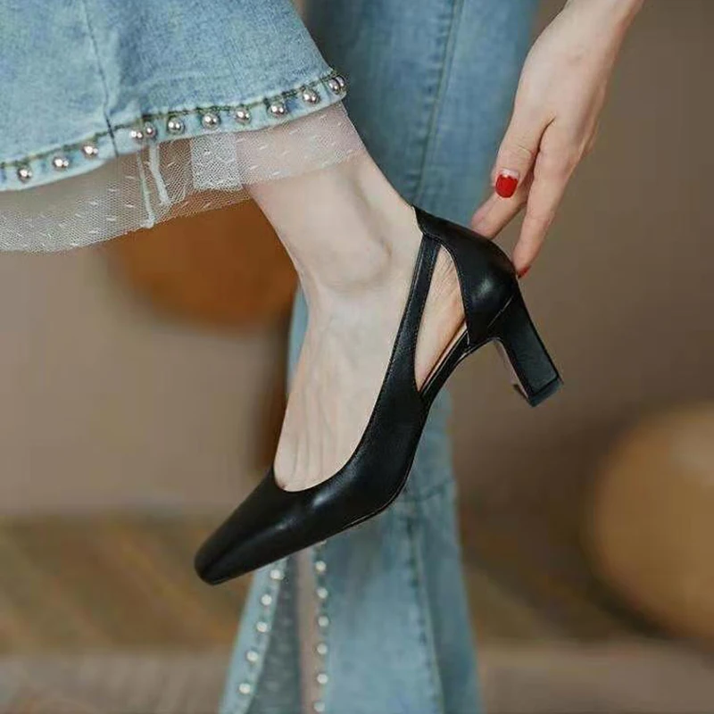 Spring Summer Women Pumps Solid Thick High Heels Female Shoes Hollow Square Head Retro Slip on Heels Women Dress Tacones Mujer