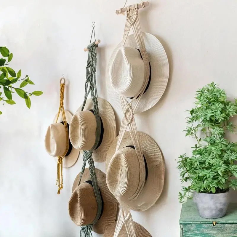 Hat Rack For Wall Hand Weaving Macrame Boho Hat Display Holder Soft Hat Hanger For Wide Brimmed Hat Bucket Hat