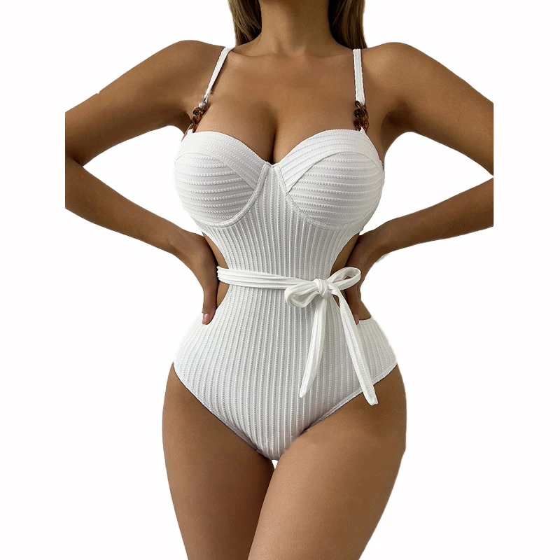 Conjunto de Bikini de tela ondulada de Color sólido, traje de baño para cubrirse para mujer, traje de baño de una pieza con volantes de realce, trajes de baño de playa 2025
