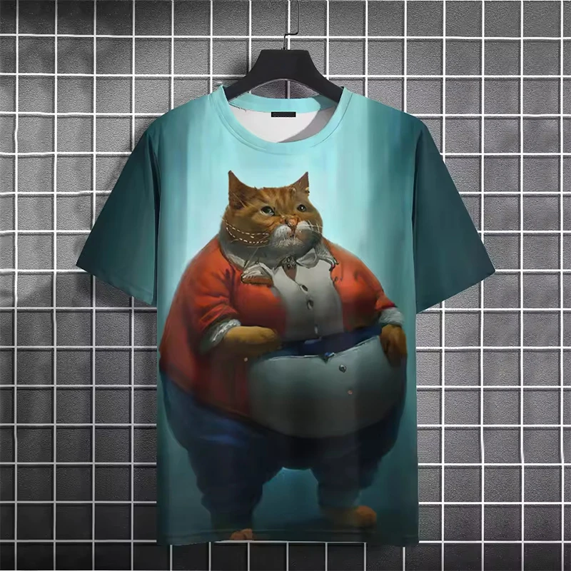 Funny Men's T-Shirt Animal Fat Cat Printed T-Shirts Casual Loose Short Sleeved Oversized Tees Men Clothing Tops Streetwear Homme