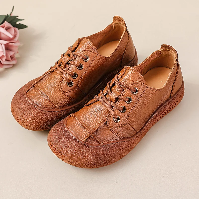 

Retro genuine leather shoes for wide feet ladies lace up flats woman casual daily shoes handmade soft moccasins women's loafers