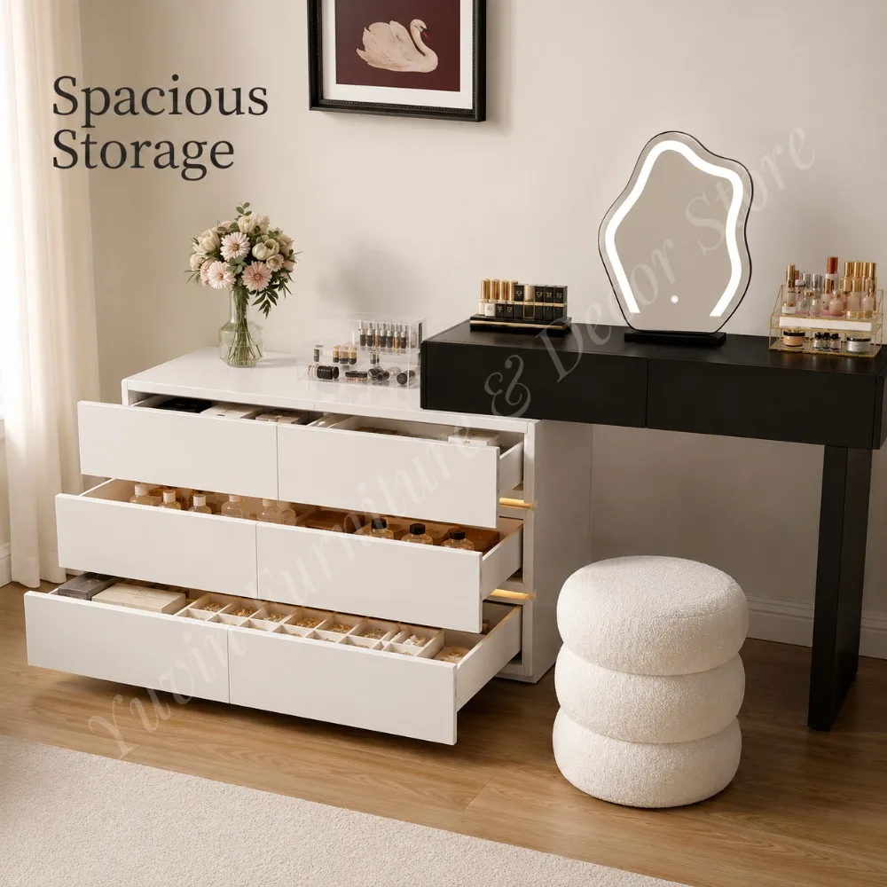 Wholesale Modern European White Black Makeup Vanity Set Lighted Mirror Solid Wood Storage Cabinet Stool for Bedroom Hotel Use