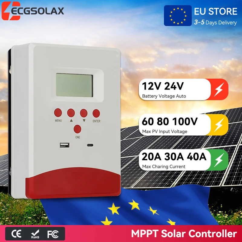 ECGSOLAX 20A 30A 40A MPPT Solar Laadregelaar 12V 24V Auto Solar Batterijpaneel Regelaar Voor Loodzuur/Lithium Batterij Laadregelaar Max PV 60V 80V 100V