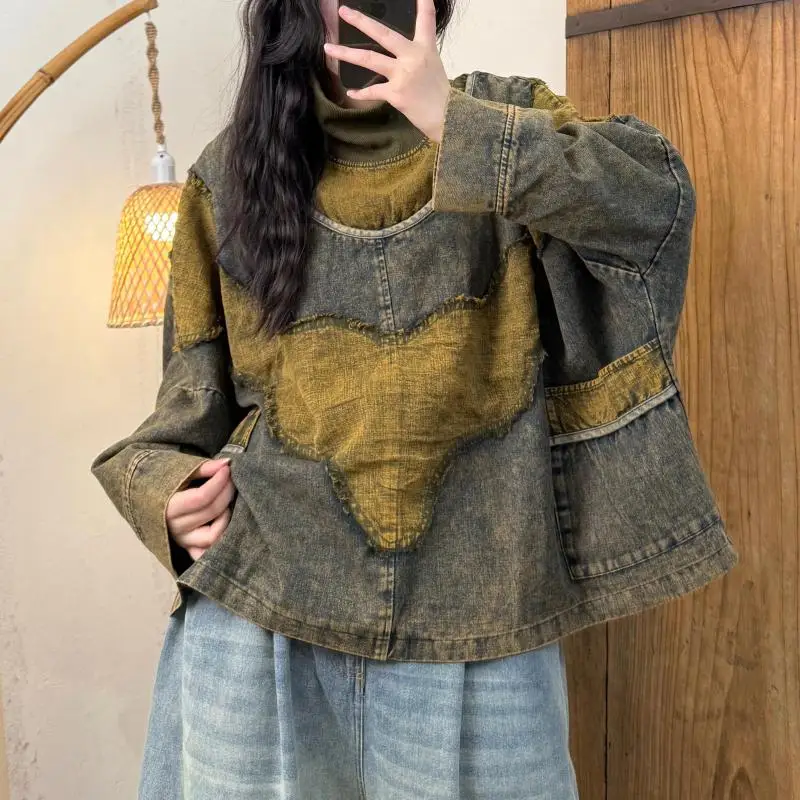 

Весенне-осенний новый художественный стиль, женские водолазки с рукавами «летучая мышь», пуловеры из хлопка, джинсовая винтажная лоскутная свободная толстовка с капюшоном, пальто TH139