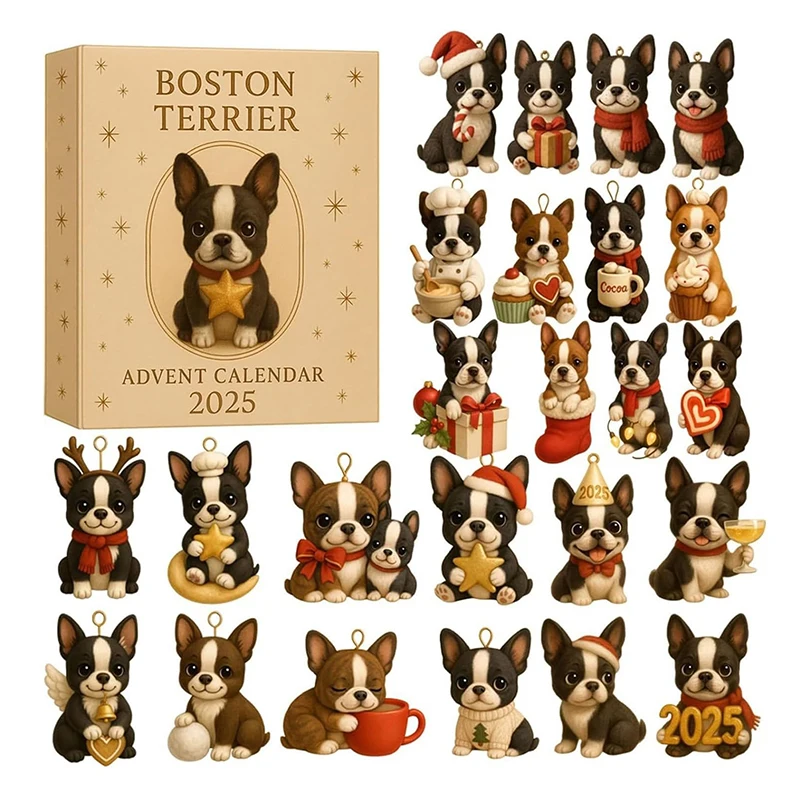 Calendrier de l'Avent Boston Terrier 2025, 24 jours d'ornements festifs Boston Terrier, calendrier de compte à rebours de Noël en acrylique 2d [HGPC]