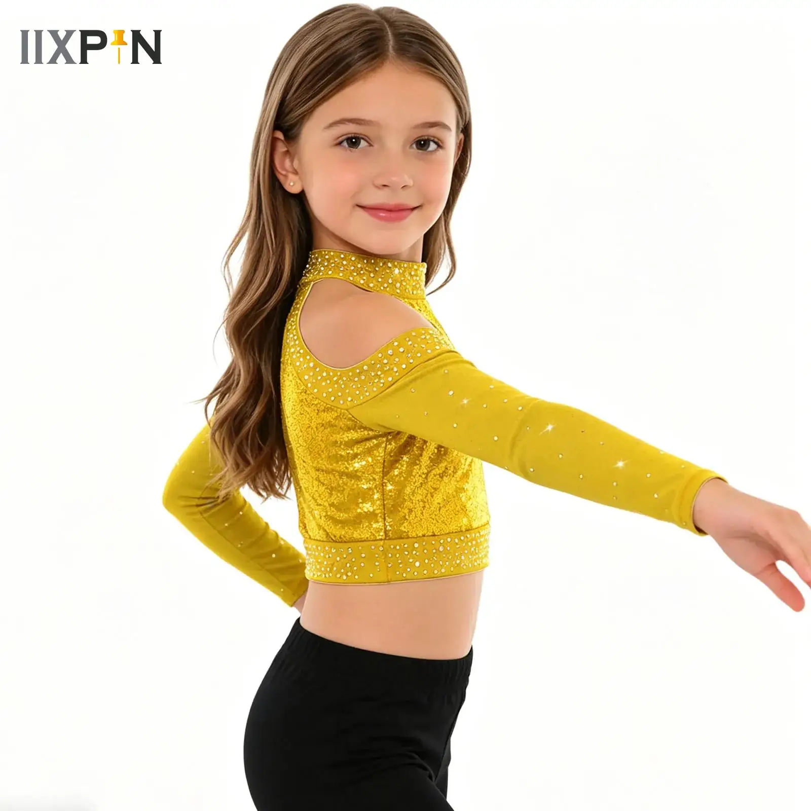 

Kids Girls Sequins Jazz Dance Crop Top Contemporary Lyrical Dance Costume Patchwork Shoulder Hollow Out Long Sleeve Crop Top
