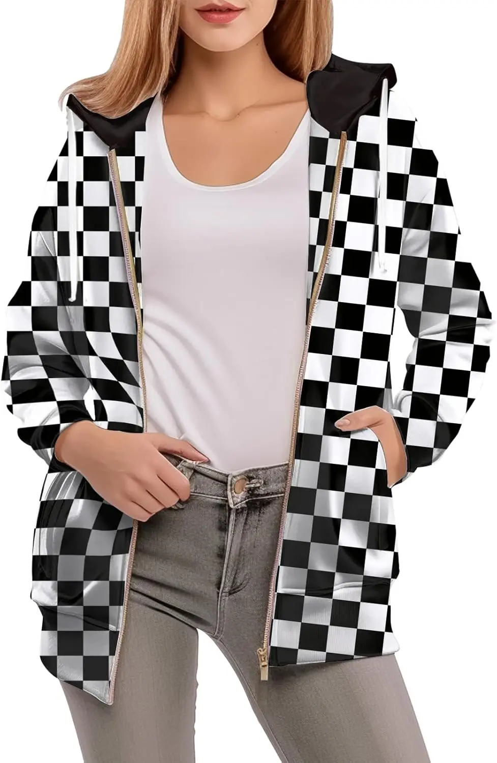 Women's Zip Front Plaid Sweatshirts Print Hoodie Fall Jackets Long Sleeve Casual Drawstring Clothes