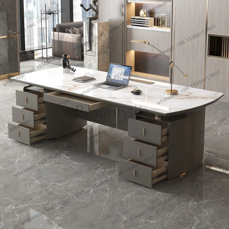 Light Luxury Glossy Rock Panel Office Desk And Chairs Baked Lacquer Boss Simple Modern Writing President Desk