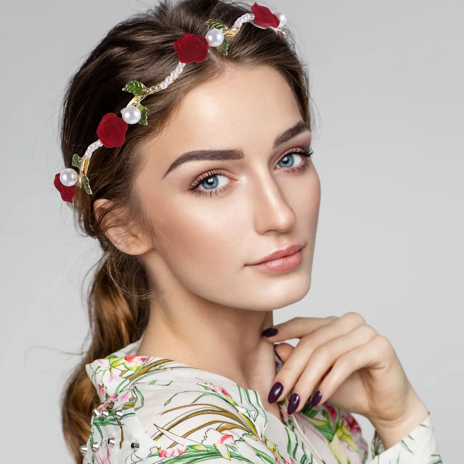 

Women's Metal Headband with Rose and Pearl Decorations Flexible Comfortable Hairpiece for Bridal Wedding Engagement Garden Party