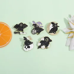 Cartoon Black Crow Bird Skull Enamel Pins Animals Brooches Lapel Badges Halloween Decoration Jewelry Gift for Kids Friends
