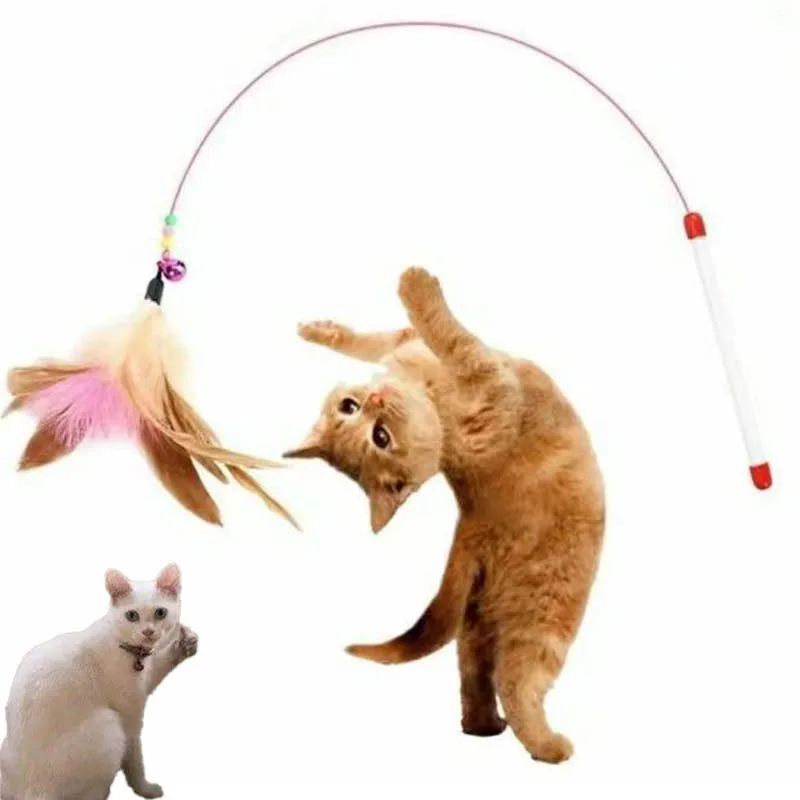 

New Cat Toy Interactive Feather with Bell Cat Stick Toy Replaceable Head Kitten Playing Long pole Feather Toy Cats Supplies