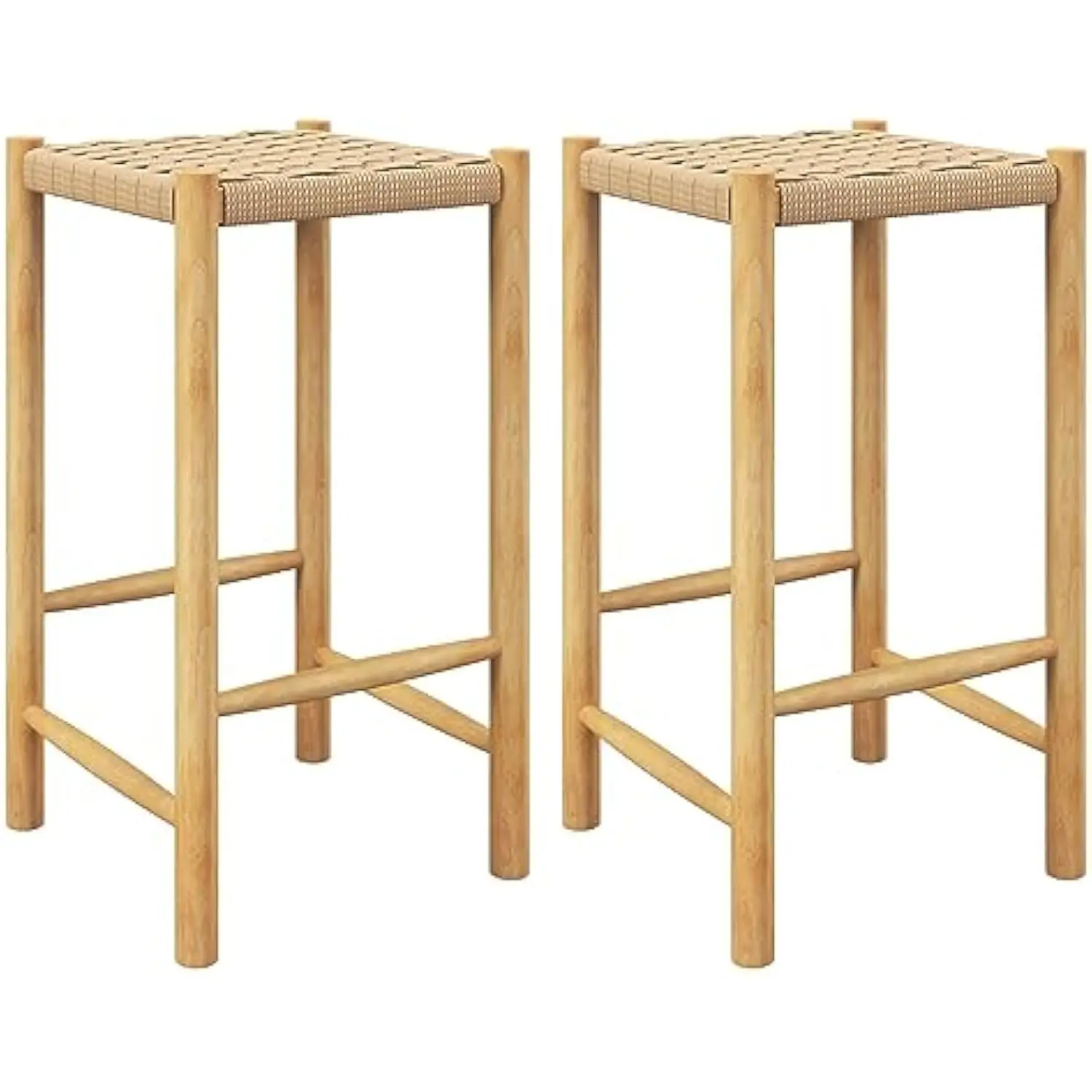 

26 Counter Height Wood Bar Stools Set of 2, Boho Rattan Barstools, Max Load 330 Lbs, Armless Saddle Kitchen Stools, Backless W