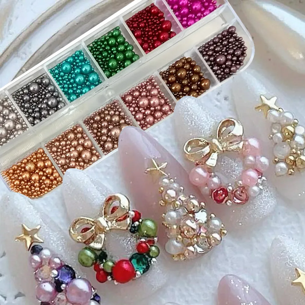 

12 colors Mix Size Nail Pearls Rhinestones for Manicure DIY Christmas Pearls Green Red Gold Nail Beads Nail Decorations Parts
