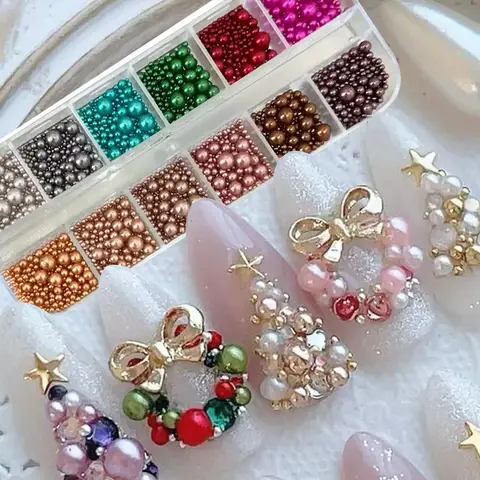 12가지 색상 믹스 사이즈 네일 펄 라인스톤, 매니큐어 DIY 크리스마스 펄, 녹색 빨간색 금색 네일 비즈, 네일 장식 부품
