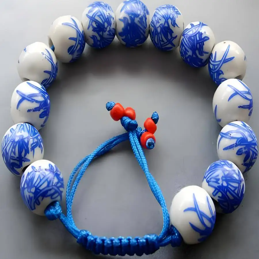 12mm Chinese Blue and White Porcelain Bead Bracelet Adjustable Bamboo Pattern Wristband