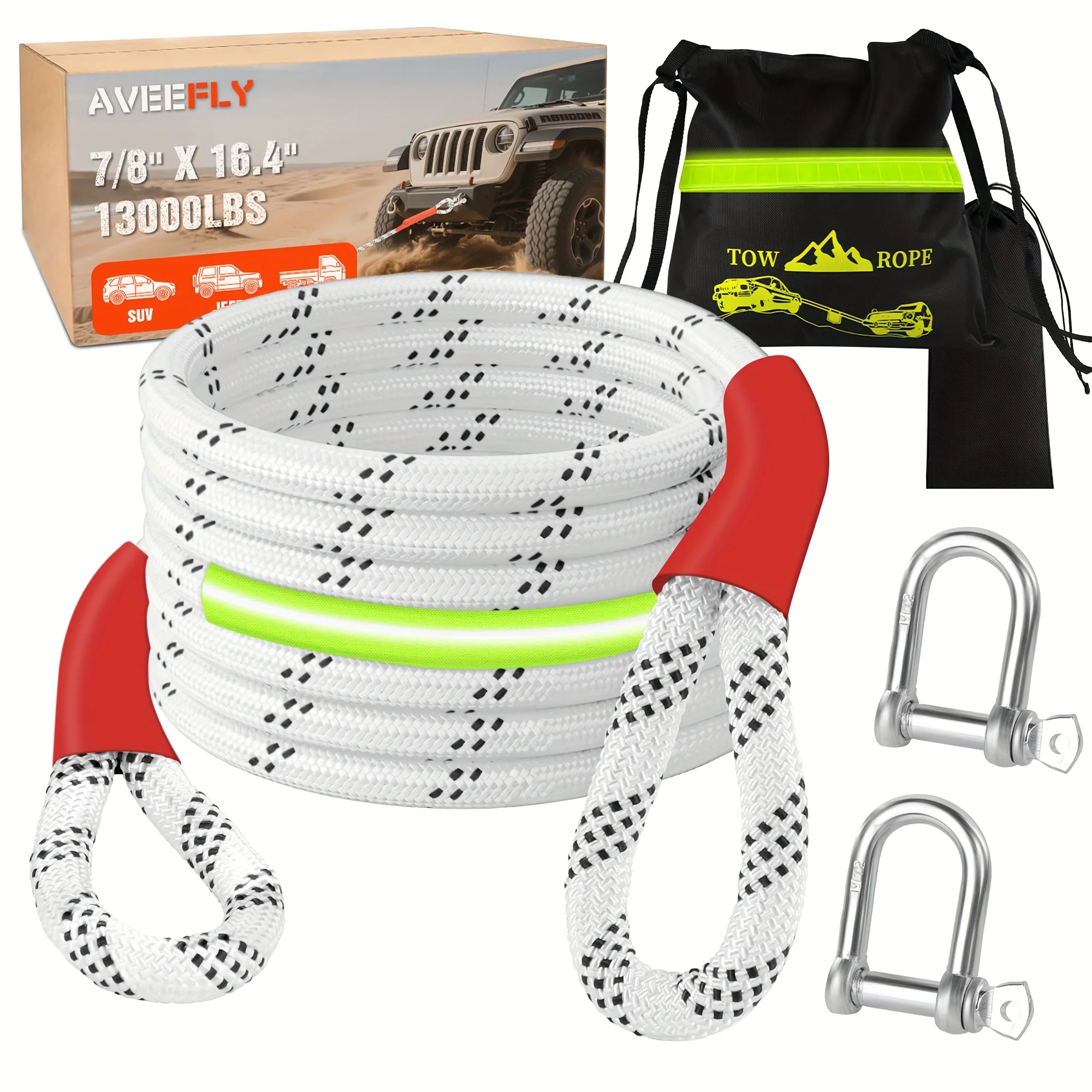 Heavy Duty Recovery Tow Rope, 45000/13000 LBS Break Strength, 30'/16.4'(L), Emergency Tow Rope for Truck Jeep ATV & More,