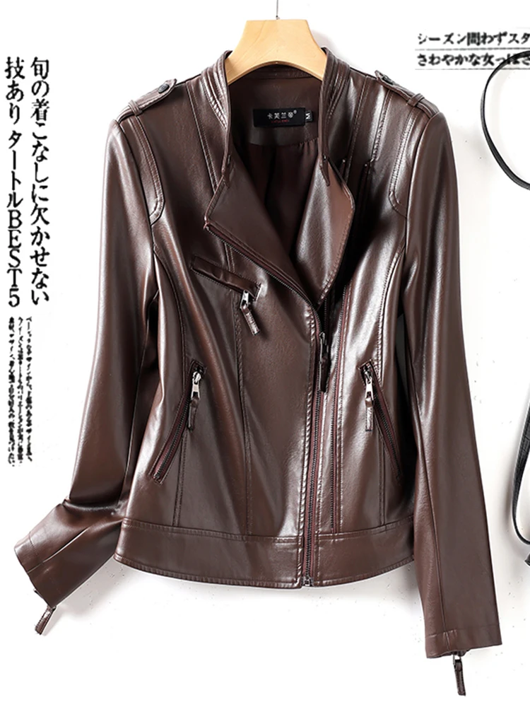   Jaqueta Feminina de Couro Genuíno Ning, Modelo Slim de Pele de Carneiro, Nova Coleção Primavera Outono, Tamanho Pequeno, Estilo Motociclista