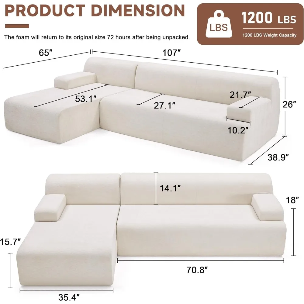 Modular Sectional Sponge Sofa for Living Room, High Density Sponges Cloud Couch,Modular L-Shape Sofa Couch with Chais