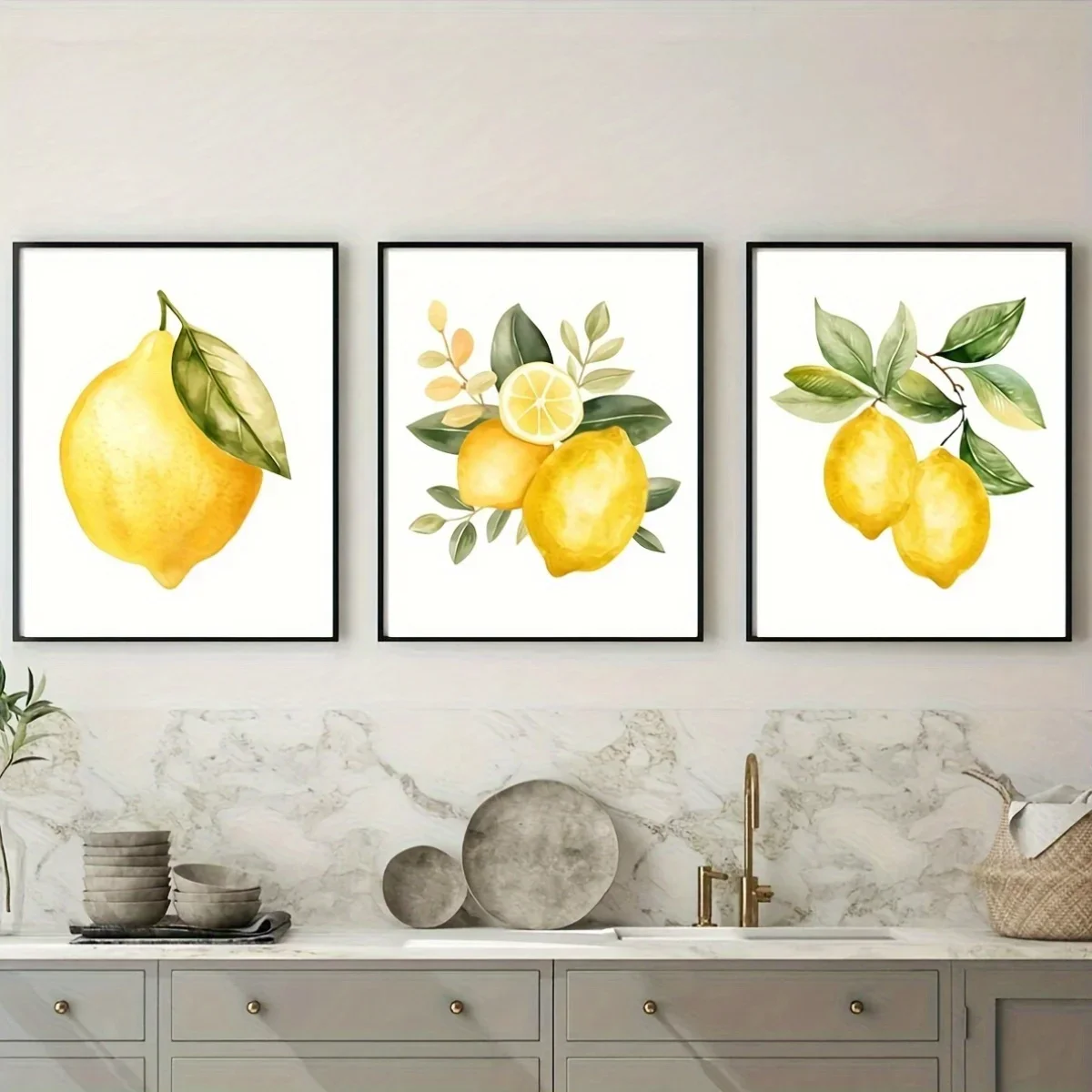 2D Flat, 2D Flat, 3pcs, Lemon Wall Decor Paintings, Yellow Lemon Art Print Decorative Paintings, Lemon Yellow Farmhouse Kitch