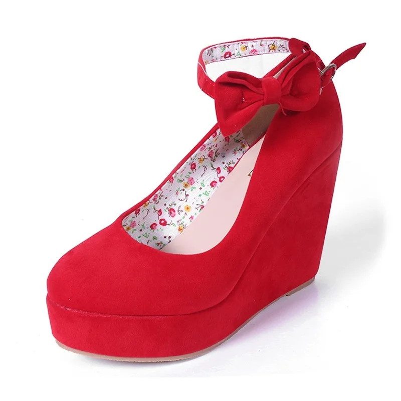 Women\'s High Heels Shoes Plus Size Platform Wedges Pumps for Woman Flock Buckle Bowtie Red Ankle Strap Wedding Shoes Round Head