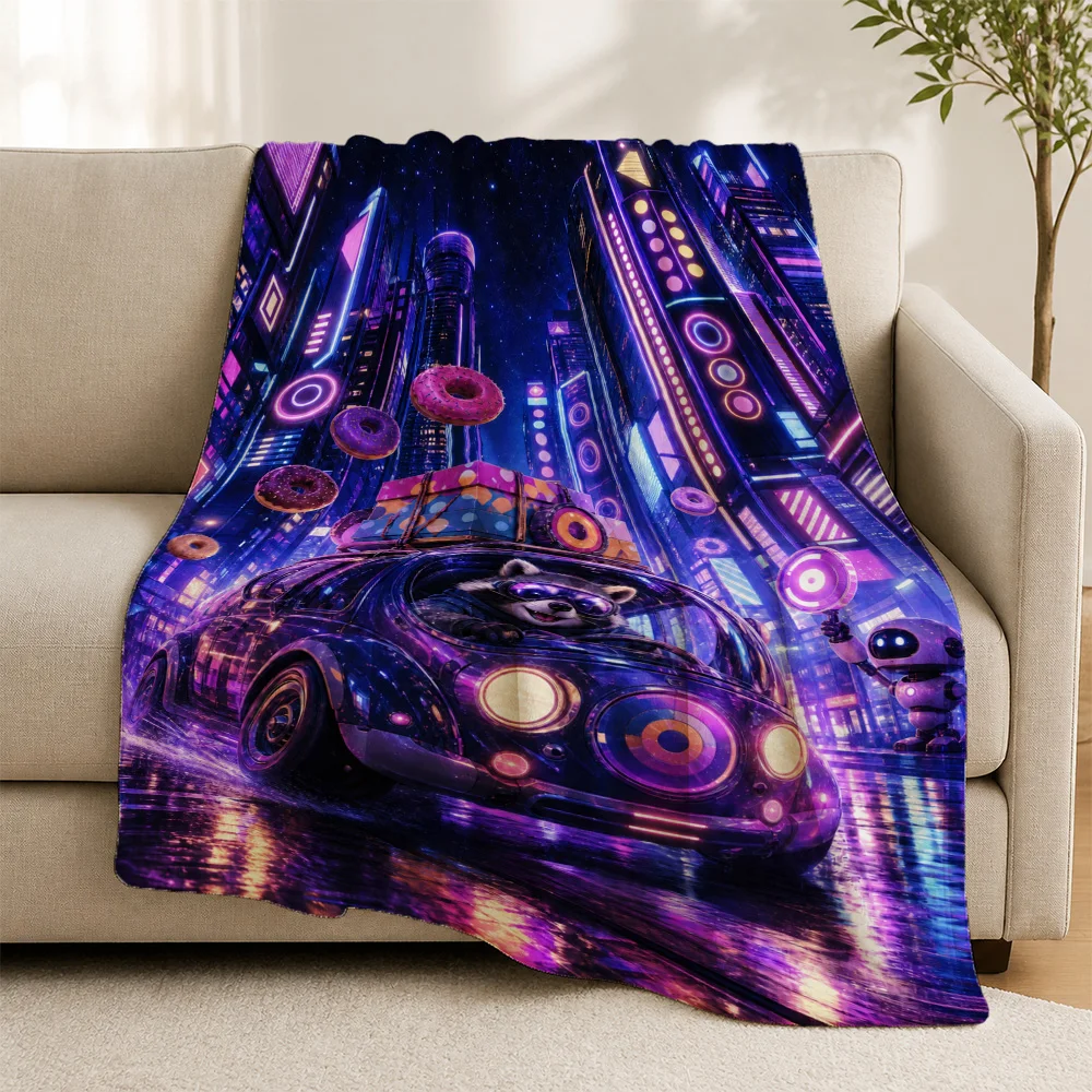 Aesthetic Cyberpunk Neon Synthwave Throw Blanket for Sofa Couch Decor Futuristic Cityscape Tapestry Art Living Room Home Decor G