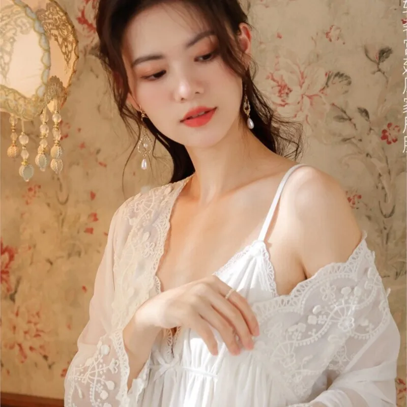 

Black Braces Long Sleeve Two-Piece Female Dress Mesh White Fairy Style Nightdress Pure Cotton