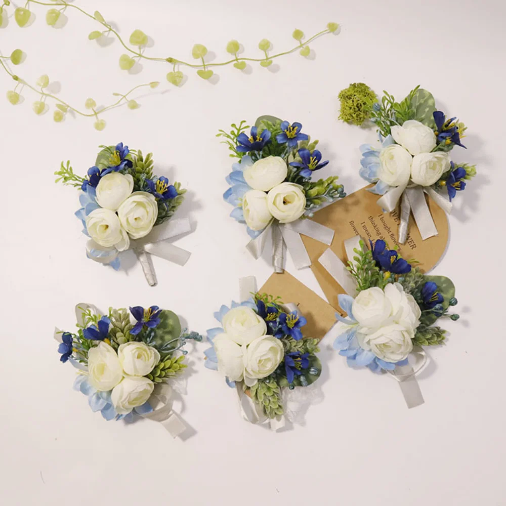 Flores falsas de boda para hombres, broche de rosa de seda, ramillete de novia, azul oscuro y verde, trajes