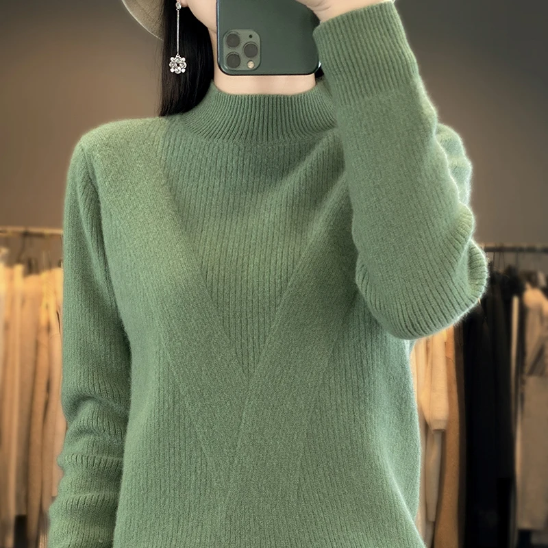 LDZWSM New Wool Knitted Pullover Women's Semi-Turtleneck Long-sleeve Sweater Fashion Warm Tops Thick Female Jacket Autumn