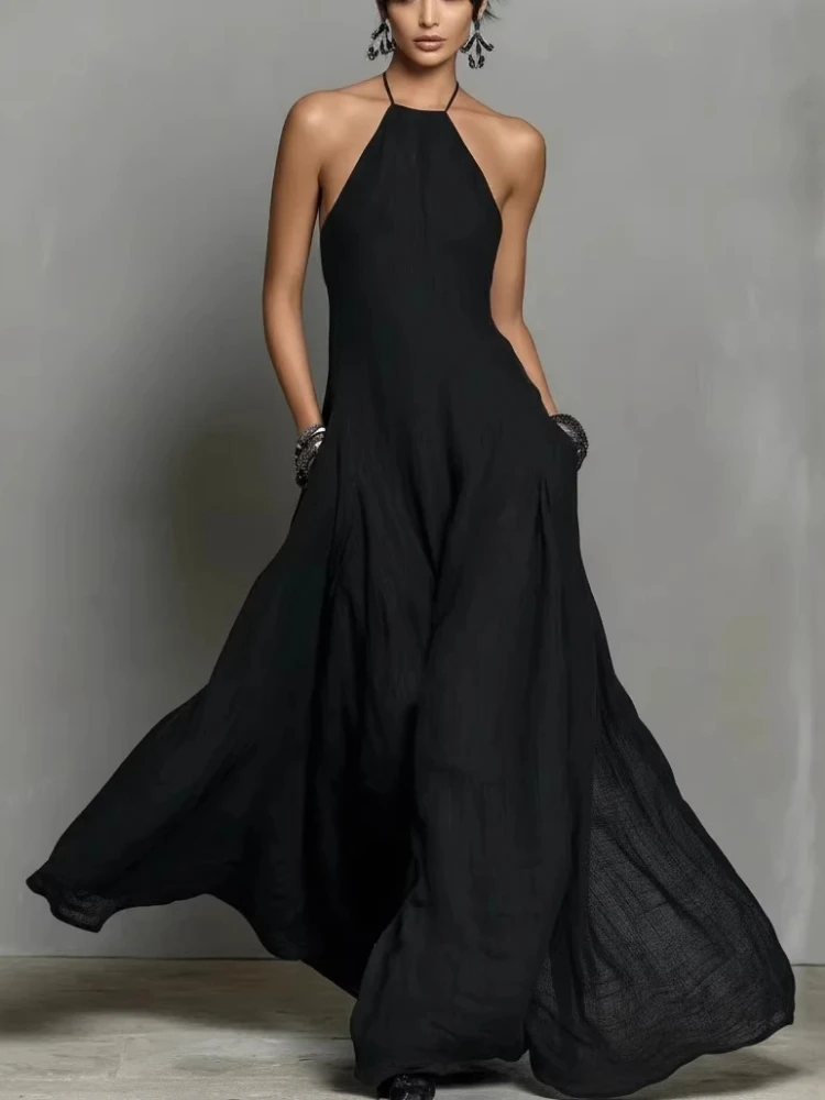 Sommerliches Damen-Neckholder-Kleid mit Schnürung, ärmelloses Patchwork-Maxikleid für Feiertage, elegantes, einfarbiges, rückenfreies Urlaubskleid 2026