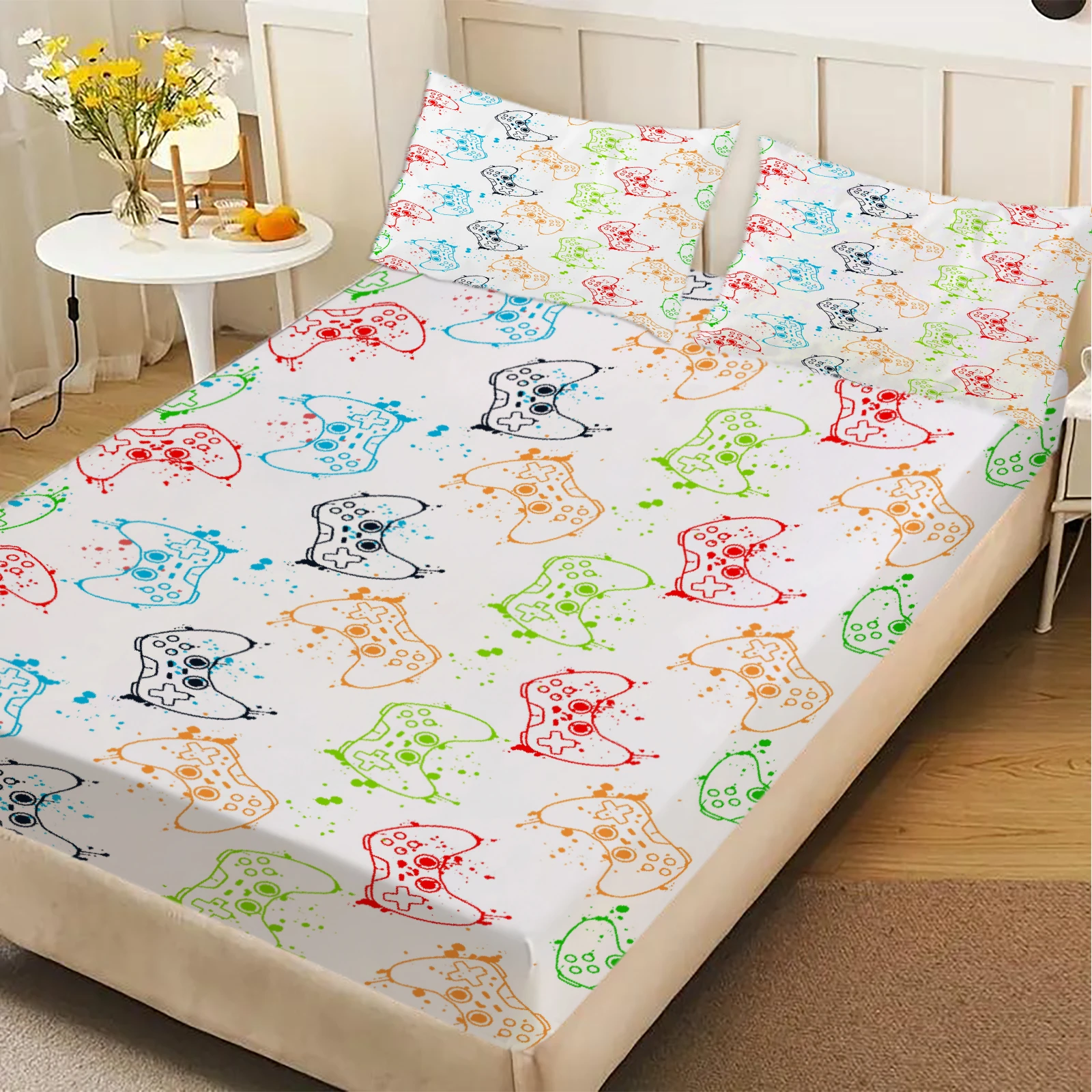 3PCS Colorful Splatter Gaming Controller And White Background Fitted Sheet Set Vibrant Gaming Bed with Pillowcases Queen Size