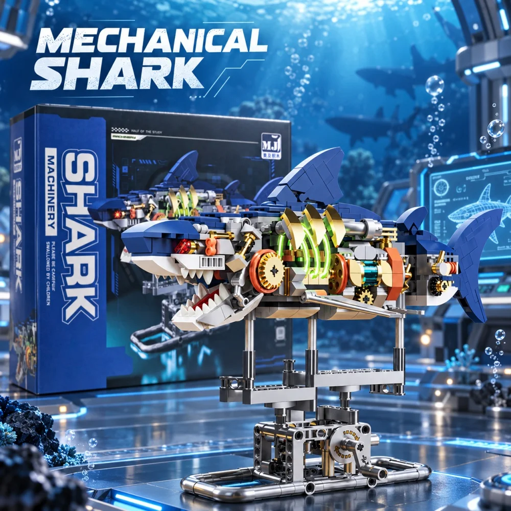 Technical Shark 687pcs Building Blocks, Gear Linkage Light Marine Life MOC Fine Detail Model, Holiday Adult Kids Gift
