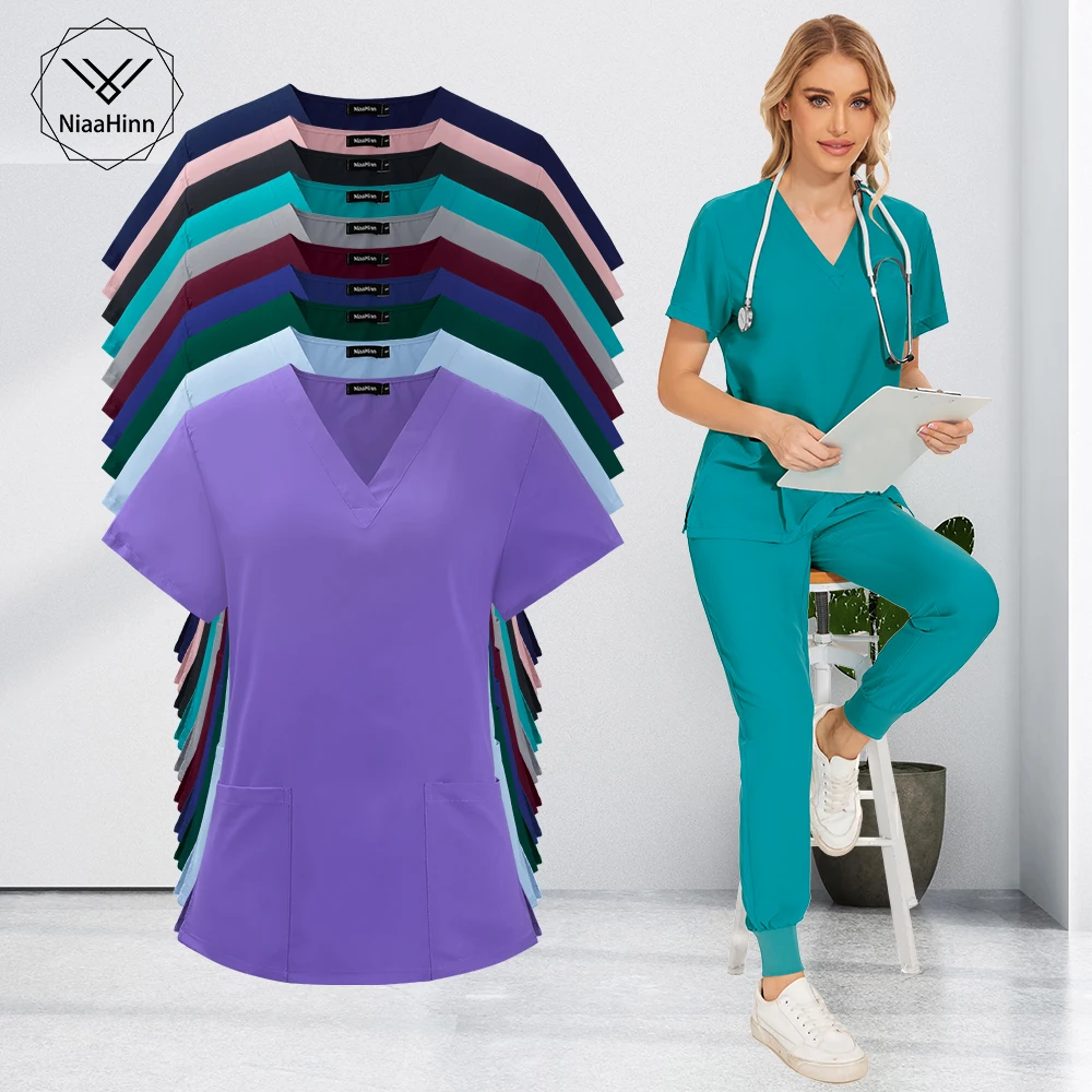 Women with Pocket Scrub Top and Pant Slim Scrubs Nurse Classic Fit Uniform Set Solid Color Dentist Veterinary Surgical Gown Suit