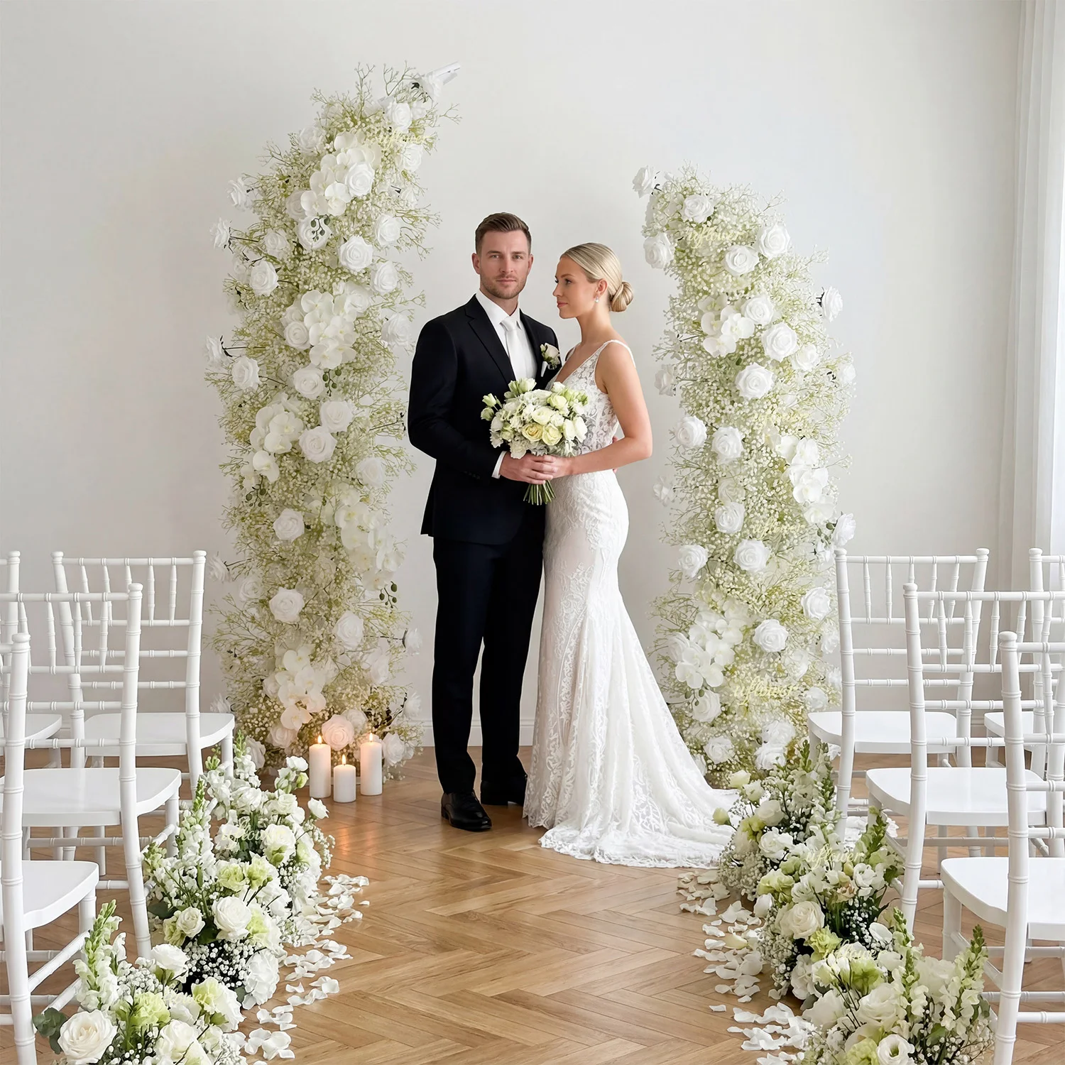 

Uflower White Rose Gypsophila Flower Row Party Wedding Backdrop Decoration Horn Arch Frame Floral Arrangement Window Display