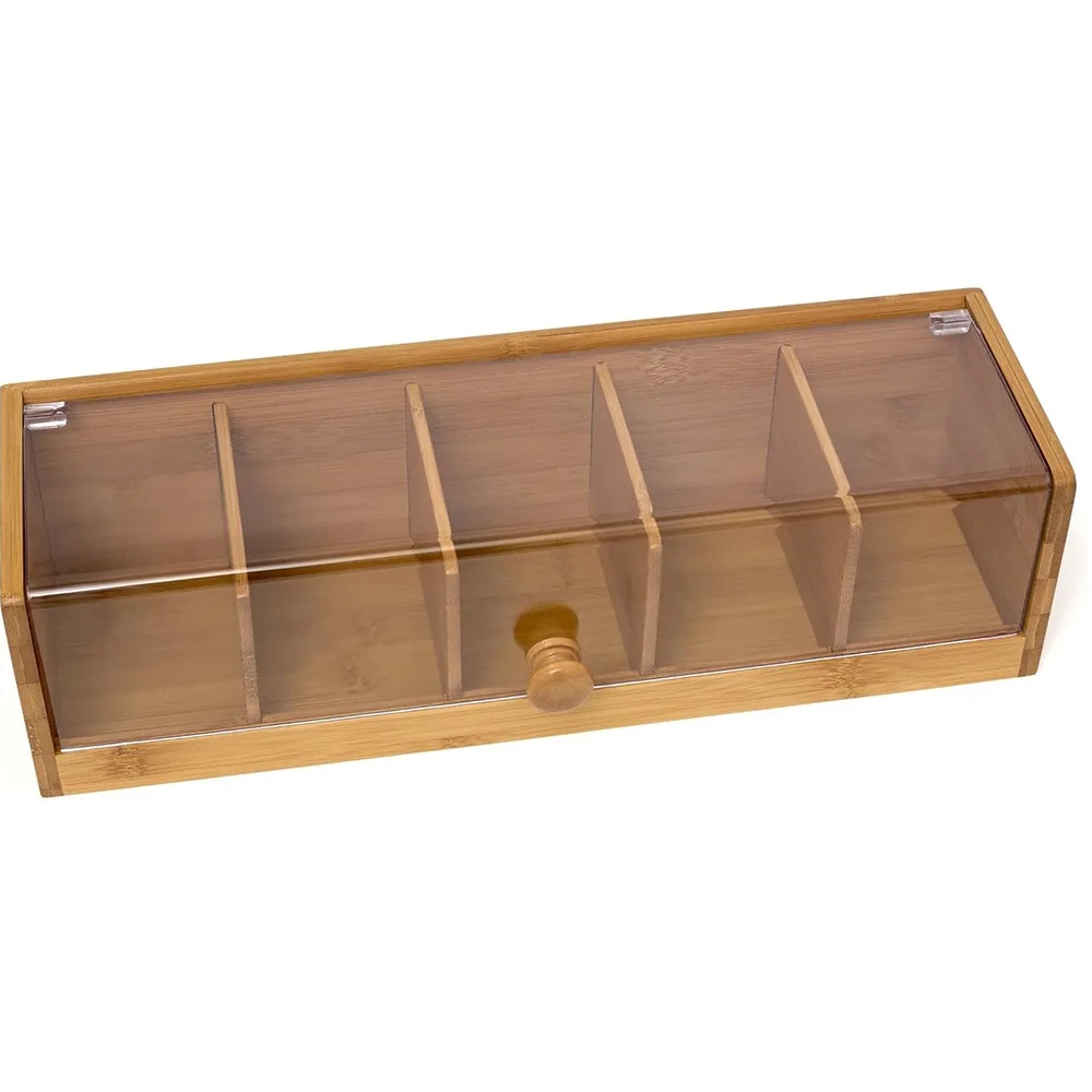 

5 Slots Tea Bag Storage Organizer Handmade Bamboo Coffee Capsule Storage Box Transparent Large Capacity