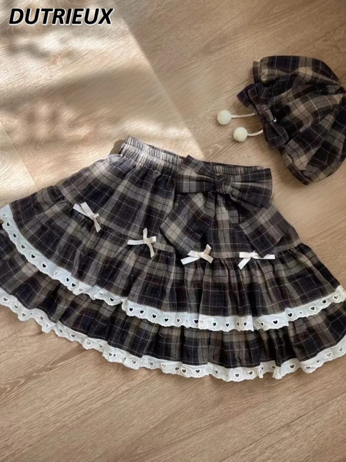 Summer New Versatile Elastic Waist A-shaped Tutu Short Skirt Sweet Cute Girls Coffee Plaid Bow Lace Edge Y2k Mini Skirts