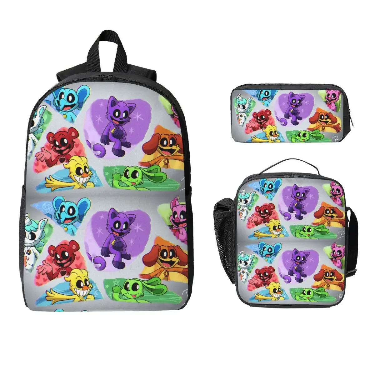 Smiling Critters Cartoon Game Backpack Boys Girls BookBag School Bag Laptop Shoulder Bags 3ps Insulated Lunch Bag Pencil Case