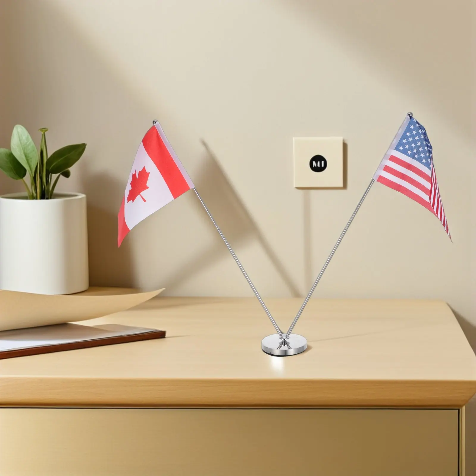 USA Canada Double Table Flags Crossed Mini Flags Telescopic Stainless Steel Stand Soccer Party Desk Decor