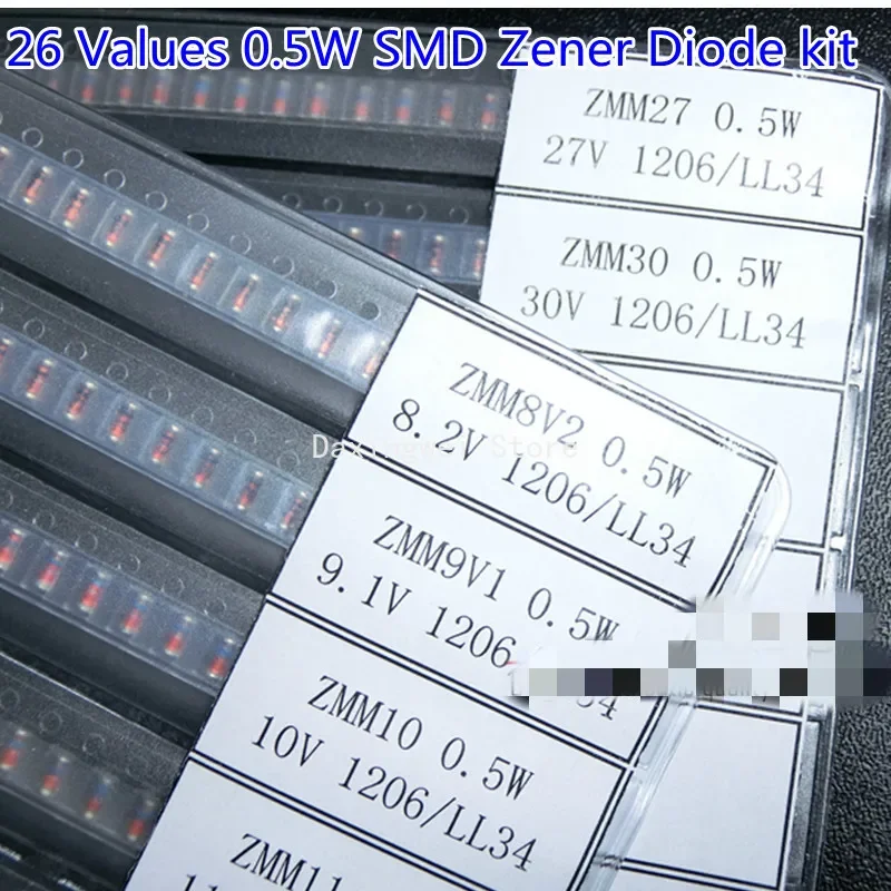 650PCS Zener Diodes 0.5W 2.4V - 30V 2.7V 3V 4.7V 6.8V 10V 22V 24V LL34 26Valeus 1/2W SMD Commonly Zener Diode Sample Book  Kit