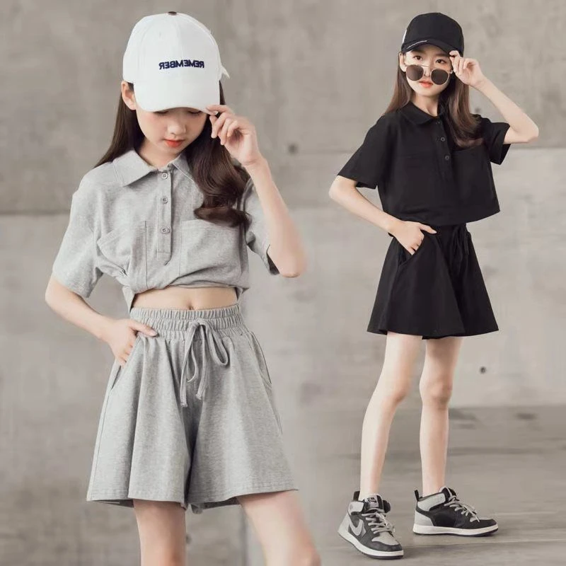 Conjunto de shorts e uniforme de manga curta feminino, roupa infantil, roupas de treino de bebê, estilo universitário, roupas de verão, 12 anos, 13 anos, 2 peças, 2024