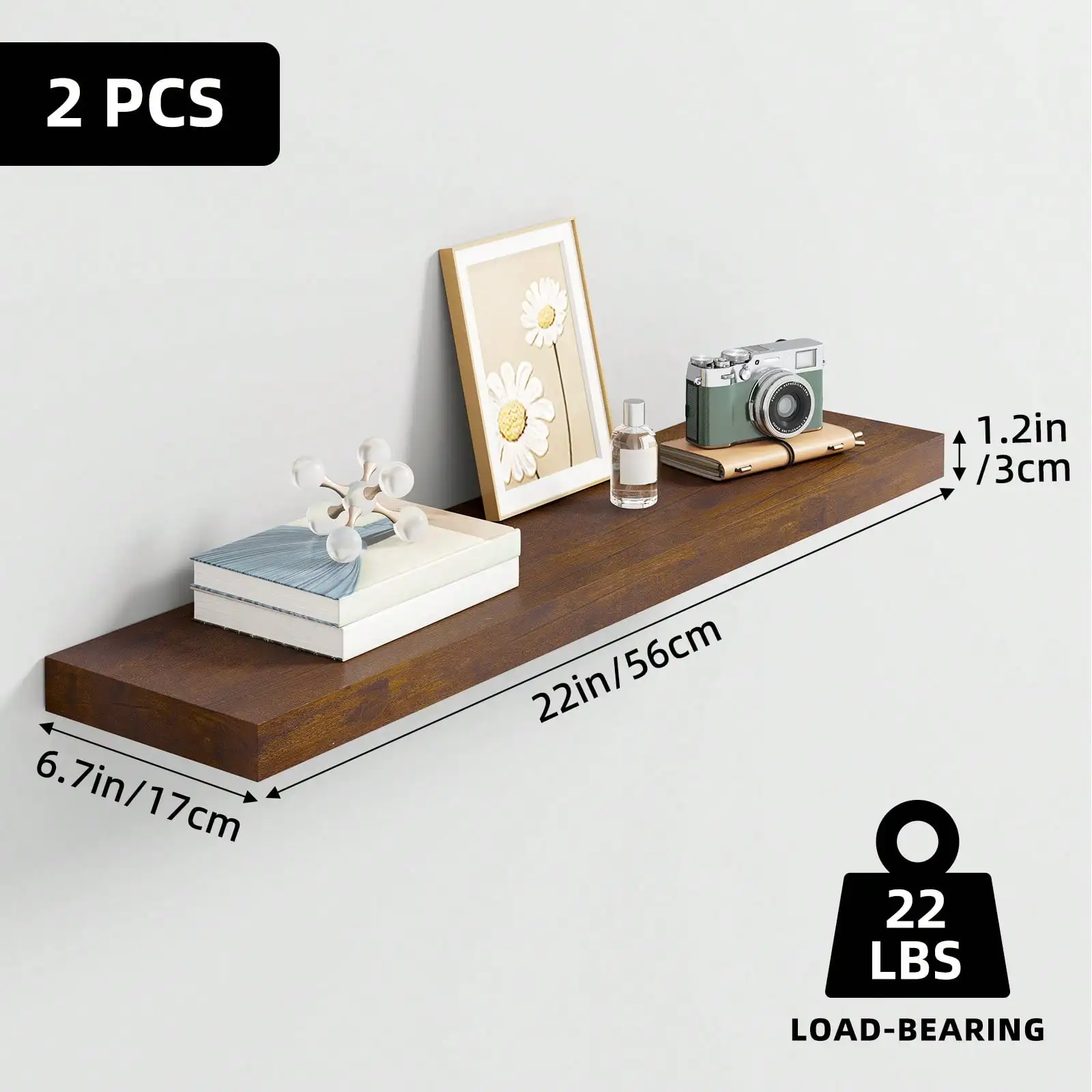 Floating Shelves For Wall, 22 Inch, Wall-Mounted, MDF Wood Room Decor, Rustic Wood Shelves For Bathroom, Living Room, Bedroom An