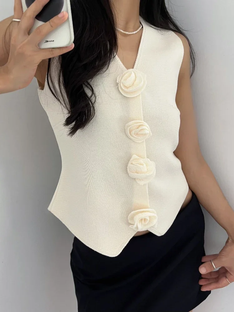 Neploe Fashion Vintage V-neck 3D Floweer Vest for Women 2024 Spring Autumn New Tan Top Y2k Slim Fit Sleeveless Tops Mujer