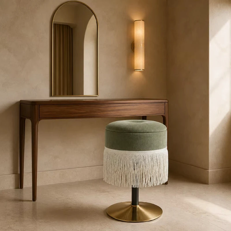 Round storage stool, fabric cushion, fringed decoration, removable lid, suitable for bedroom, living room, porch furniture