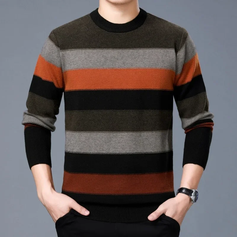 

Men's Autumn and Winter Knit Sweater Fashion Match Color Stripe Round Neck Pullover Young Men Loose Sweater